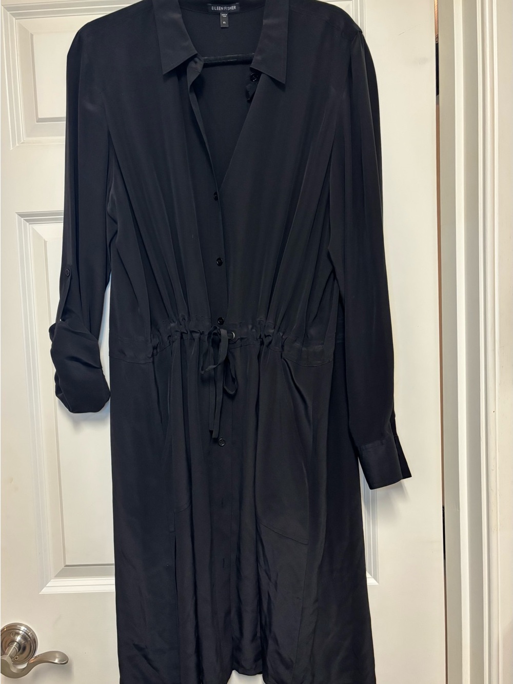 Eileen Fisher 100% Silk Black Shirt Dress with Waist Tie